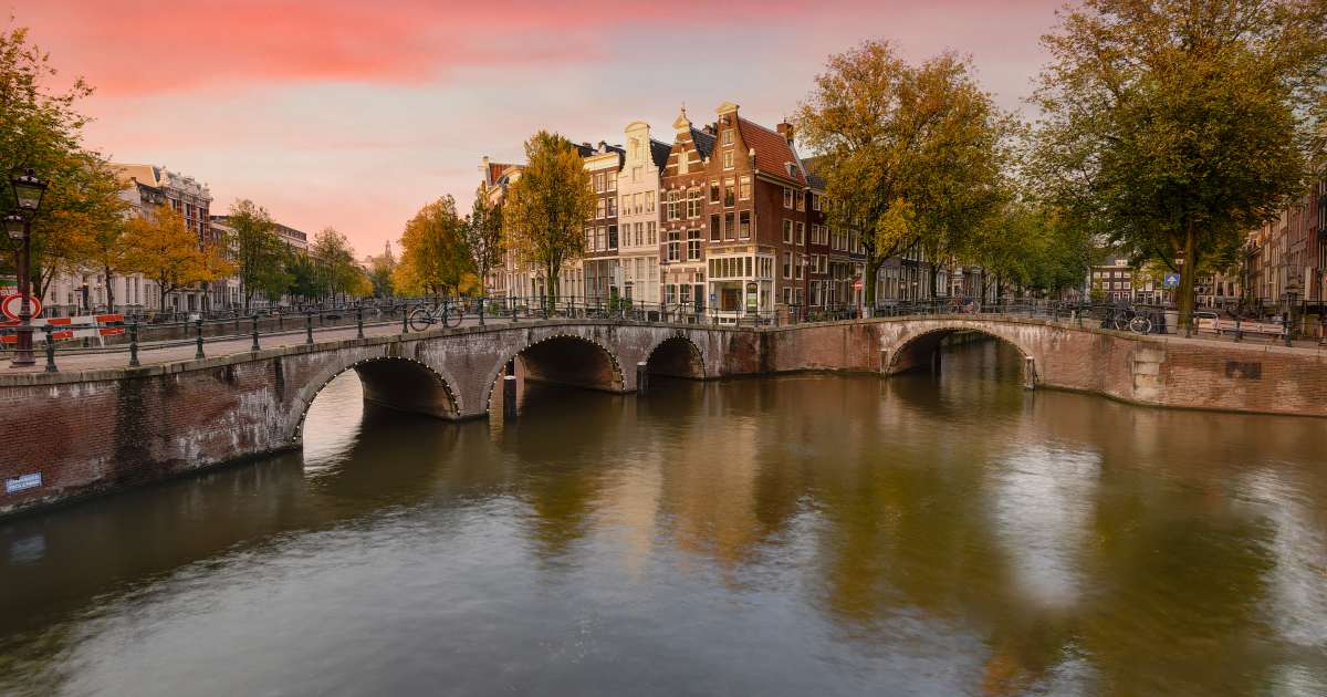 canal in amsterdam with trees and a bridge and water reflection